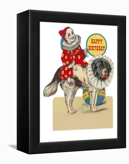 Happy Birthday, Clown on St. Bernard-null-Framed Stretched Canvas