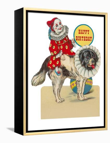 Happy Birthday, Clown on St. Bernard-null-Framed Stretched Canvas