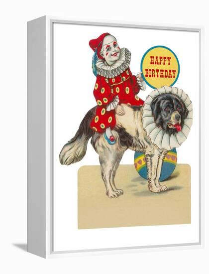 Happy Birthday, Clown on St. Bernard-null-Framed Stretched Canvas