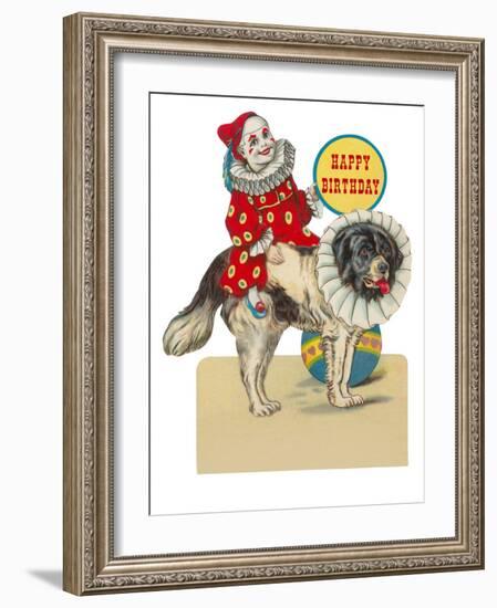 Happy Birthday, Clown on St. Bernard-null-Framed Art Print