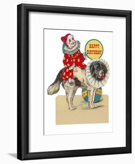 Happy Birthday, Clown on St. Bernard-null-Framed Art Print