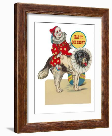 Happy Birthday, Clown on St. Bernard-null-Framed Art Print