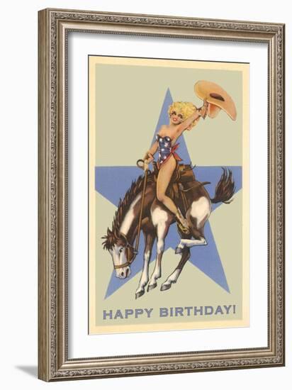 Happy Birthday, Cowgirl on Bronco-null-Framed Art Print