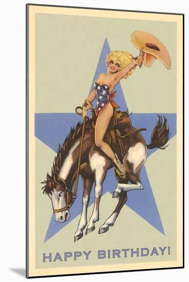 Happy Birthday, Cowgirl on Bronco-null-Mounted Art Print