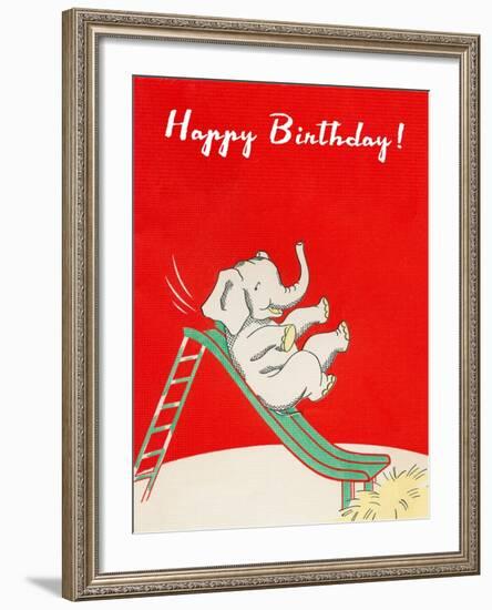 Happy Birthday, Elephant on Slide-null-Framed Art Print