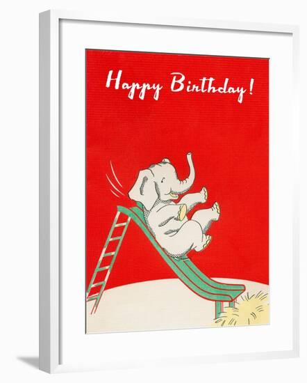 Happy Birthday, Elephant on Slide-null-Framed Art Print