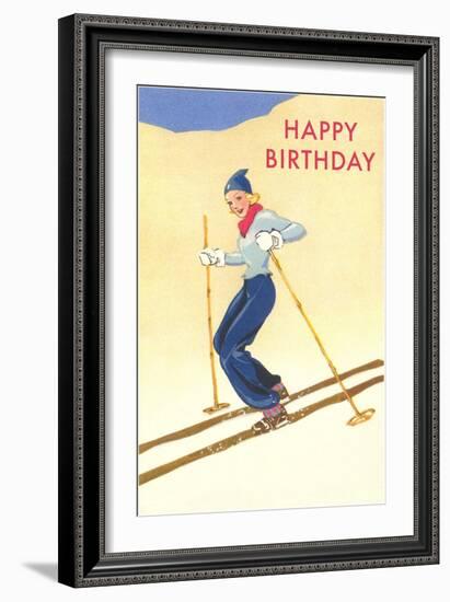 Happy Birthday, Lady Skiing-null-Framed Premium Giclee Print