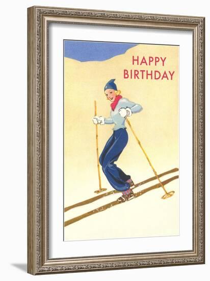 Happy Birthday, Lady Skiing-null-Framed Art Print