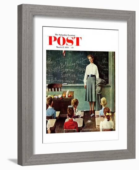 "Happy Birthday, Miss Jones" Saturday Evening Post Cover, March 17,1956-Norman Rockwell-Framed Giclee Print