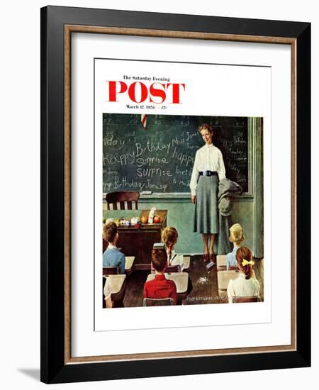 "Happy Birthday, Miss Jones" Saturday Evening Post Cover, March 17,1956-Norman Rockwell-Framed Giclee Print
