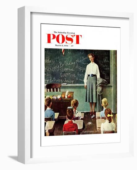 "Happy Birthday, Miss Jones" Saturday Evening Post Cover, March 17,1956-Norman Rockwell-Framed Giclee Print