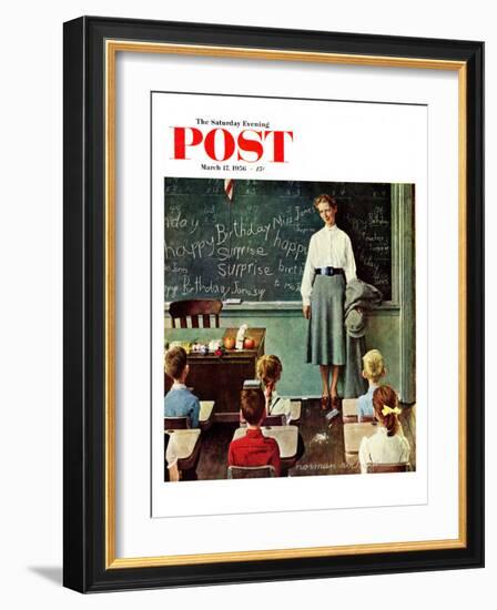 "Happy Birthday, Miss Jones" Saturday Evening Post Cover, March 17,1956-Norman Rockwell-Framed Giclee Print