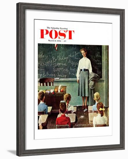 "Happy Birthday, Miss Jones" Saturday Evening Post Cover, March 17,1956-Norman Rockwell-Framed Giclee Print