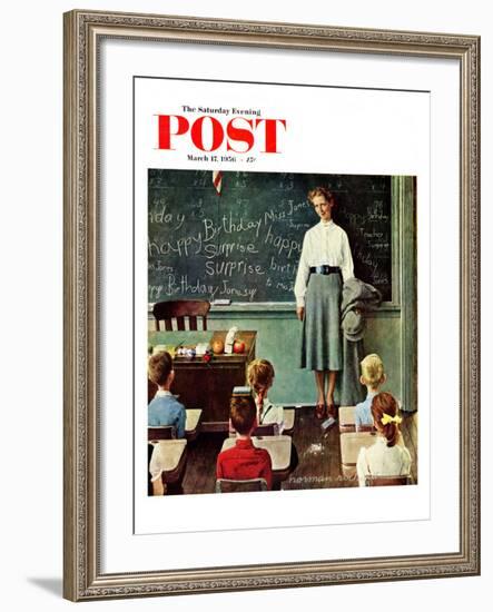 "Happy Birthday, Miss Jones" Saturday Evening Post Cover, March 17,1956-Norman Rockwell-Framed Giclee Print