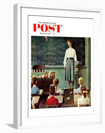 "Happy Birthday, Miss Jones" Saturday Evening Post Cover, March 17,1956-Norman Rockwell-Framed Giclee Print