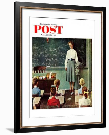 "Happy Birthday, Miss Jones" Saturday Evening Post Cover, March 17,1956-Norman Rockwell-Framed Giclee Print