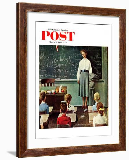 "Happy Birthday, Miss Jones" Saturday Evening Post Cover, March 17,1956-Norman Rockwell-Framed Giclee Print