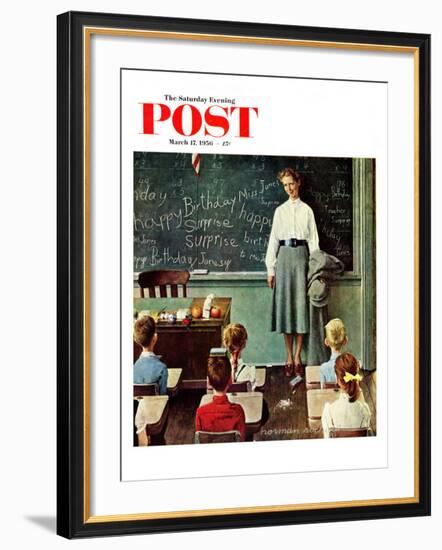 "Happy Birthday, Miss Jones" Saturday Evening Post Cover, March 17,1956-Norman Rockwell-Framed Giclee Print