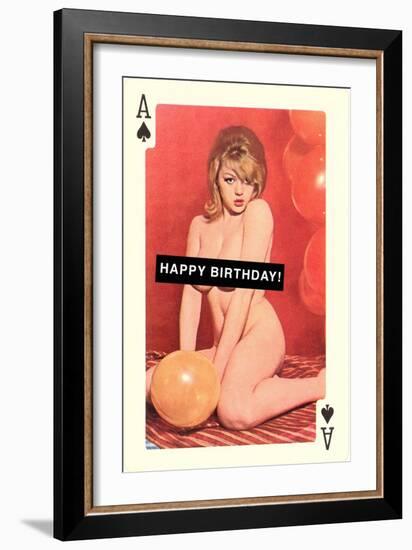 Happy Birthday, Naked Woman with Balloon on Playing Card-null-Framed Art Print