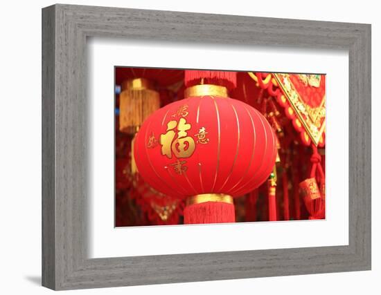 Happy Chinese New Year : Red Chinese Lanterns with Chinese Words Meaning: Fortune , Happiness and G-lzf-Framed Photographic Print