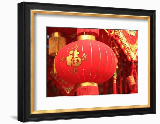 Happy Chinese New Year : Red Chinese Lanterns with Chinese Words Meaning: Fortune , Happiness and G-lzf-Framed Photographic Print