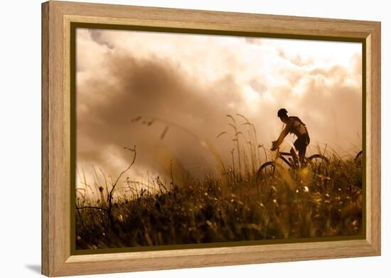 Happy Couple Riding Bicycles Outside, Healthy Lifestyle Fun Concept. Silhouette at Sunset Panoramic-warrengoldswain-Framed Premier Image Canvas