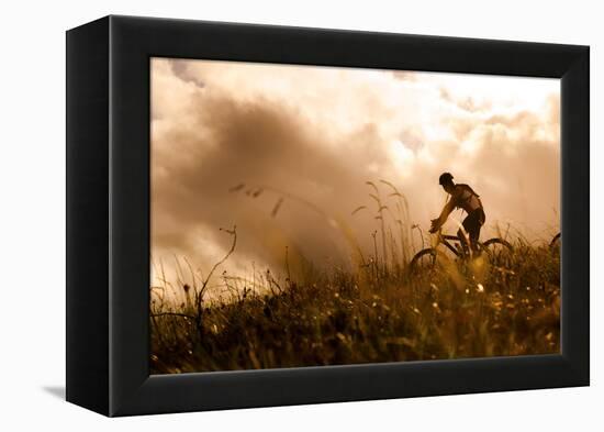 Happy Couple Riding Bicycles Outside, Healthy Lifestyle Fun Concept. Silhouette at Sunset Panoramic-warrengoldswain-Framed Premier Image Canvas