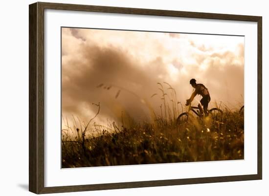 Happy Couple Riding Bicycles Outside, Healthy Lifestyle Fun Concept. Silhouette at Sunset Panoramic-warrengoldswain-Framed Photographic Print