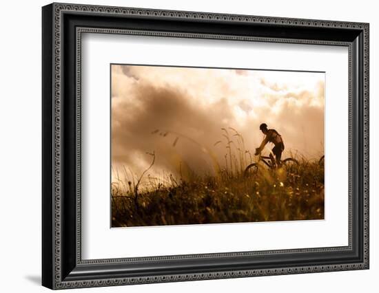 Happy Couple Riding Bicycles Outside, Healthy Lifestyle Fun Concept. Silhouette at Sunset Panoramic-warrengoldswain-Framed Photographic Print