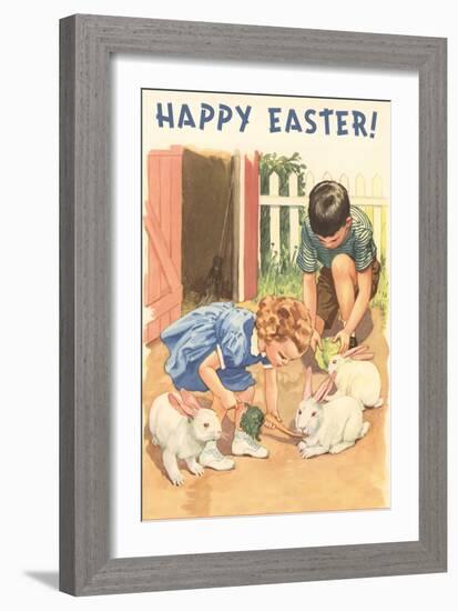 Happy Easter, Children Feeding Rabbits-null-Framed Art Print