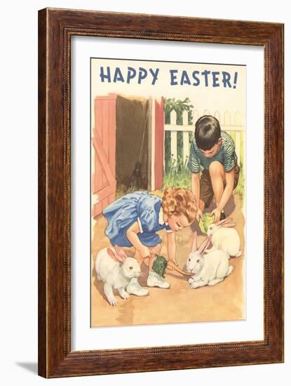 Happy Easter, Children Feeding Rabbits-null-Framed Art Print