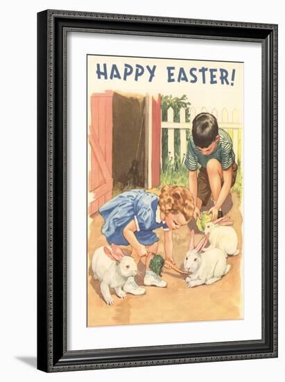 Happy Easter, Children Feeding Rabbits-null-Framed Art Print