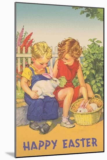 Happy Easter, Children with Rabbits-null-Mounted Art Print