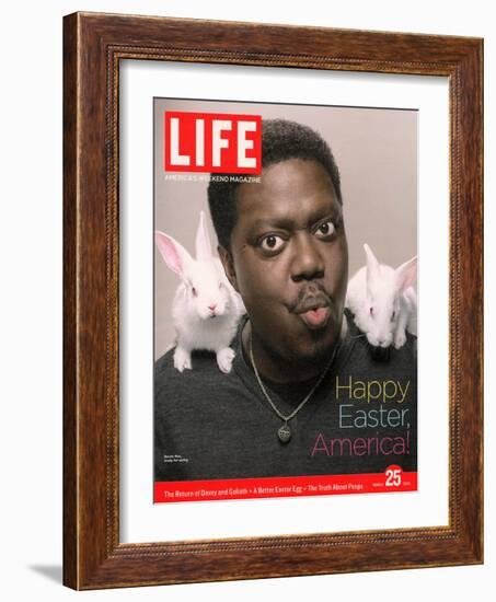 Happy Easter, Comic Actor Bernie Mac with White Rabbits on Shoulders, March 25, 2005-Karina Taira-Framed Photographic Print