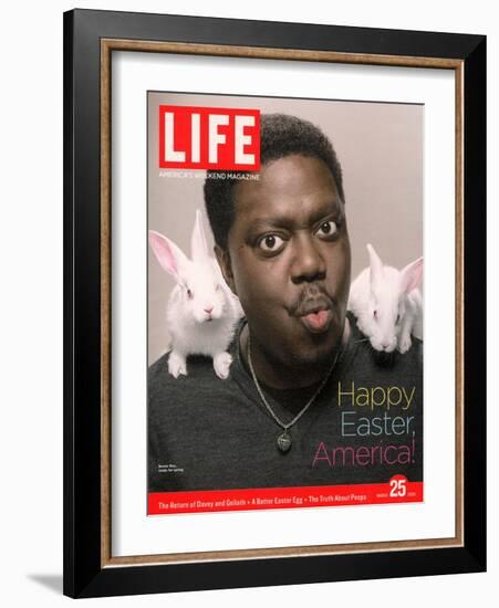 Happy Easter, Comic Actor Bernie Mac with White Rabbits on Shoulders, March 25, 2005-Karina Taira-Framed Photographic Print