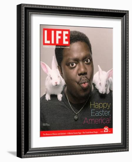 Happy Easter, Comic Actor Bernie Mac with White Rabbits on Shoulders, March 25, 2005-Karina Taira-Framed Photographic Print