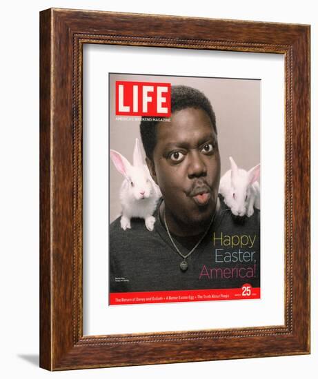 Happy Easter, Comic Actor Bernie Mac with White Rabbits on Shoulders, March 25, 2005-Karina Taira-Framed Photographic Print