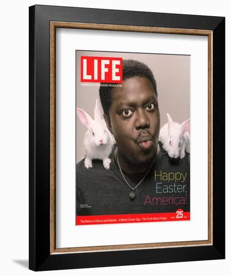 Happy Easter, Comic Actor Bernie Mac with White Rabbits on Shoulders, March 25, 2005-Karina Taira-Framed Photographic Print