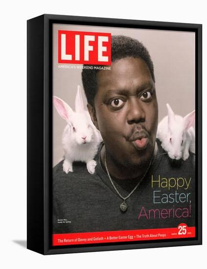 Happy Easter, Comic Actor Bernie Mac with White Rabbits on Shoulders, March 25, 2005-Karina Taira-Framed Premier Image Canvas