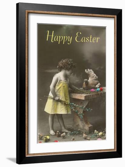 Happy Easter, Victorian Girl with Hen on Table-null-Framed Art Print