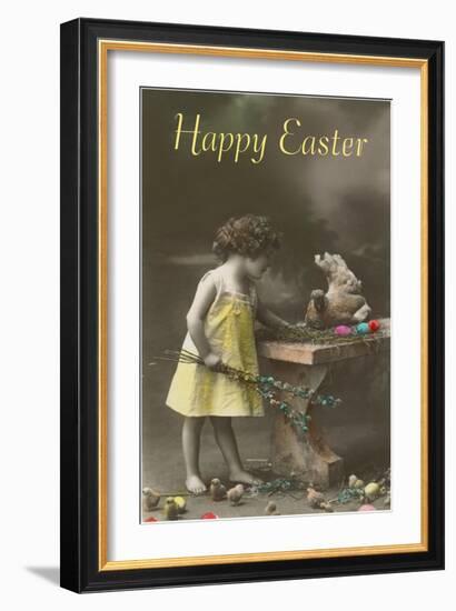 Happy Easter, Victorian Girl with Hen on Table-null-Framed Art Print