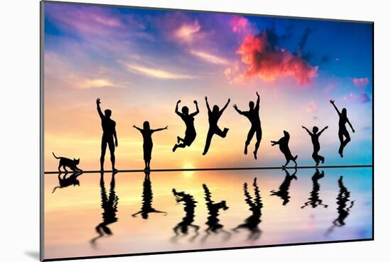 Happy Group Of Friends, Family With Dog And Cat Jumping Together At Sunset, Water Reflection-Michal Bednarek-Mounted Art Print
