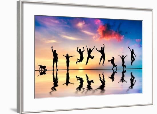 Happy Group Of Friends, Family With Dog And Cat Jumping Together At Sunset, Water Reflection-Michal Bednarek-Framed Art Print