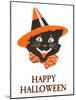 Happy Halloween, Black Cat in Hat-null-Mounted Art Print