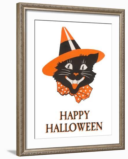 Happy Halloween, Black Cat in Hat-null-Framed Art Print