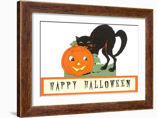 Happy Halloween, Cat and Jack O'Lantern-null-Framed Art Print