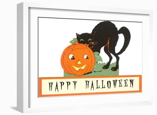 Happy Halloween, Cat and Jack O'Lantern-null-Framed Art Print