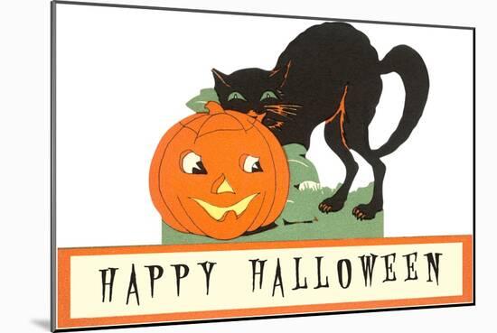 Happy Halloween, Cat and Jack O'Lantern-null-Mounted Art Print