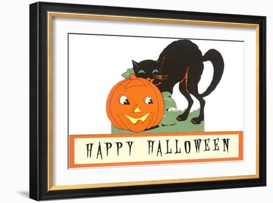 Happy Halloween, Cat and Jack O'Lantern-null-Framed Art Print