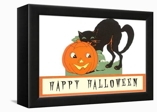 Happy Halloween, Cat and Jack O'Lantern-null-Framed Stretched Canvas